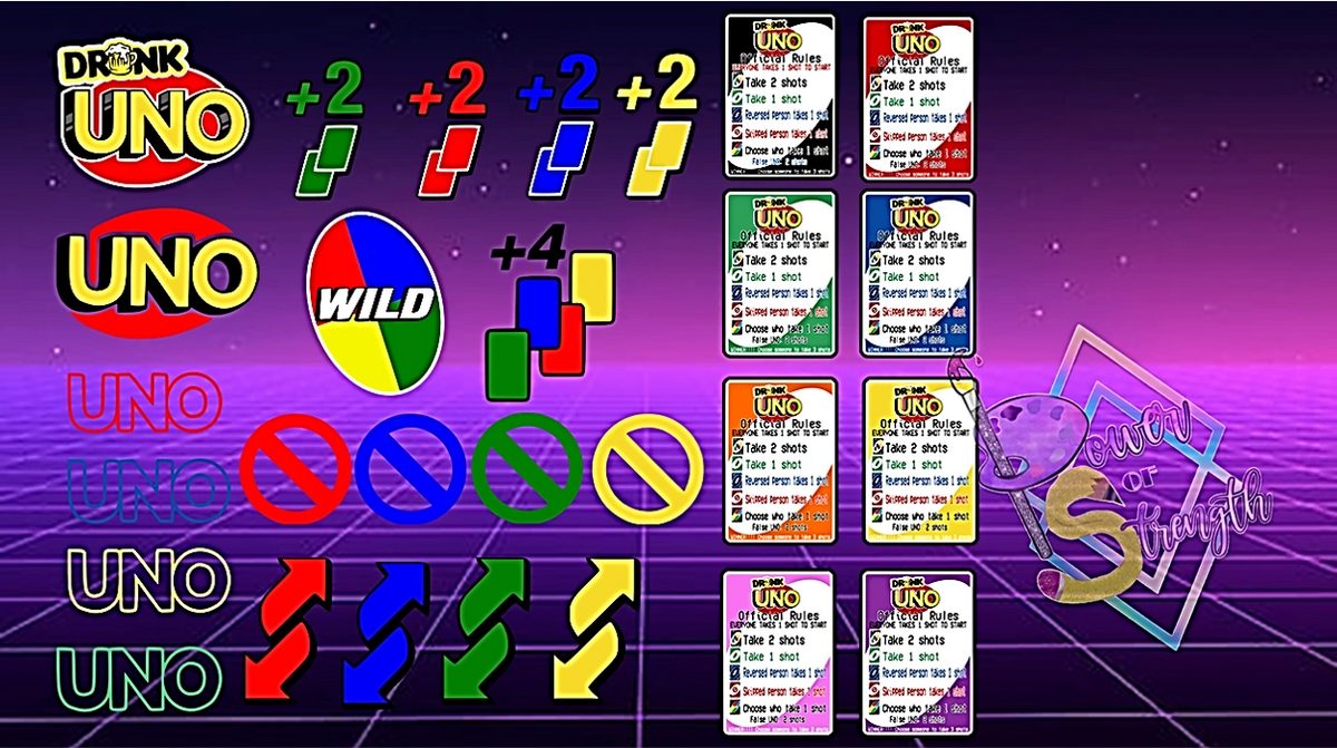 Drunk UNO set with Different Color Instruction card choices SVG PNG files